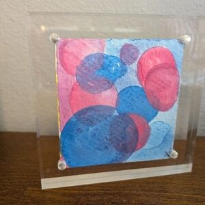 Original Mini Blue And Pink Abstract Watercolor In Acrylic Frame